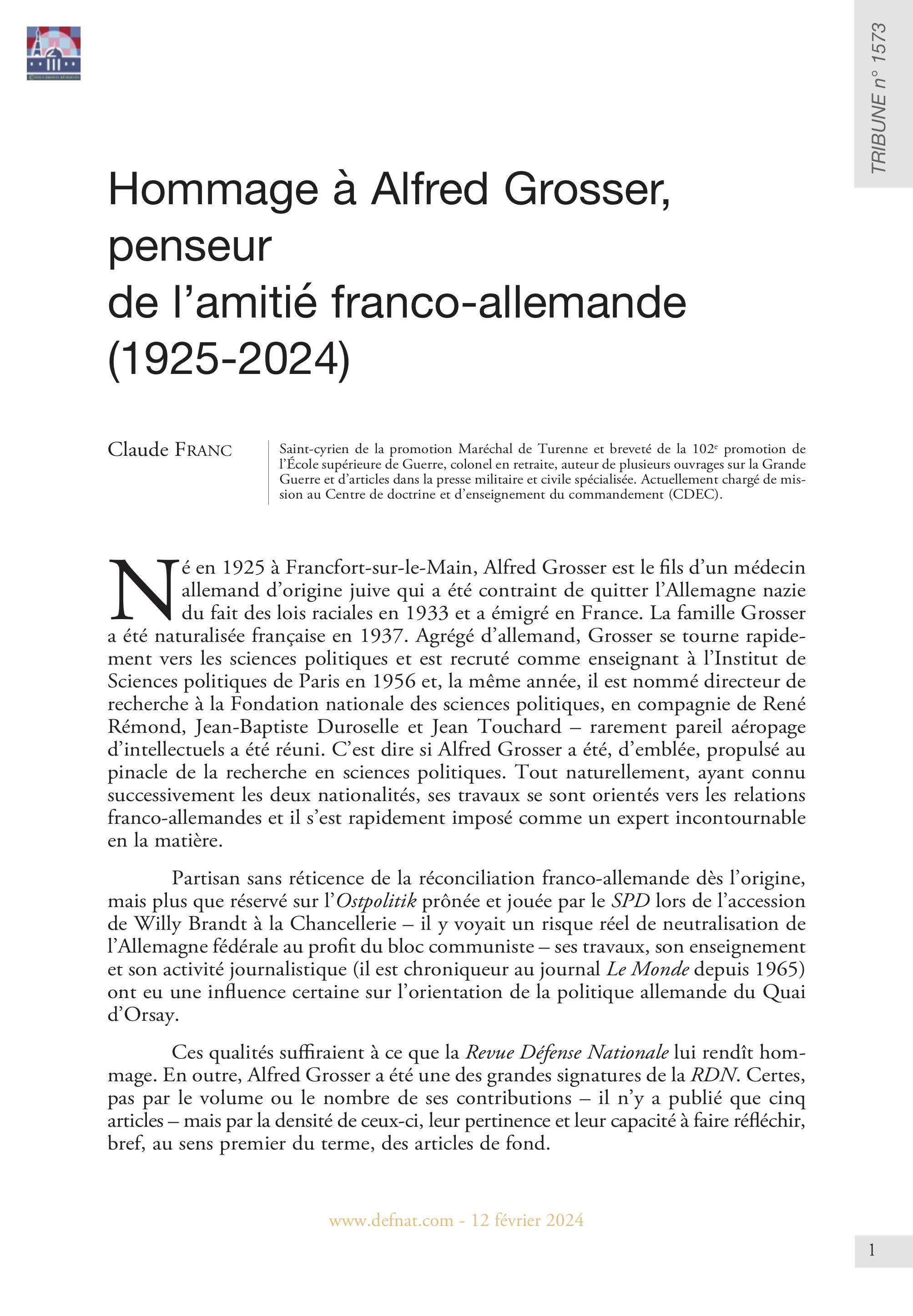 In memoriam – Hommage à Alfred Grosser, penseur de l’amitié franco-allemande (1925-2024) (T 1573)
